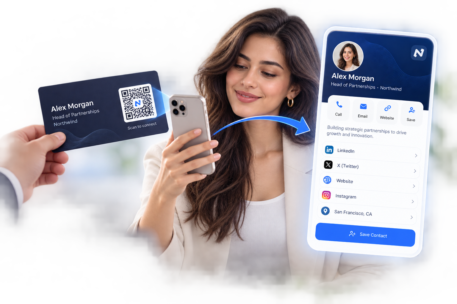 Scanning the QR code on a printed business card opens Alex Morgan's digital business card with call, email, website, social links and a Save Contact button