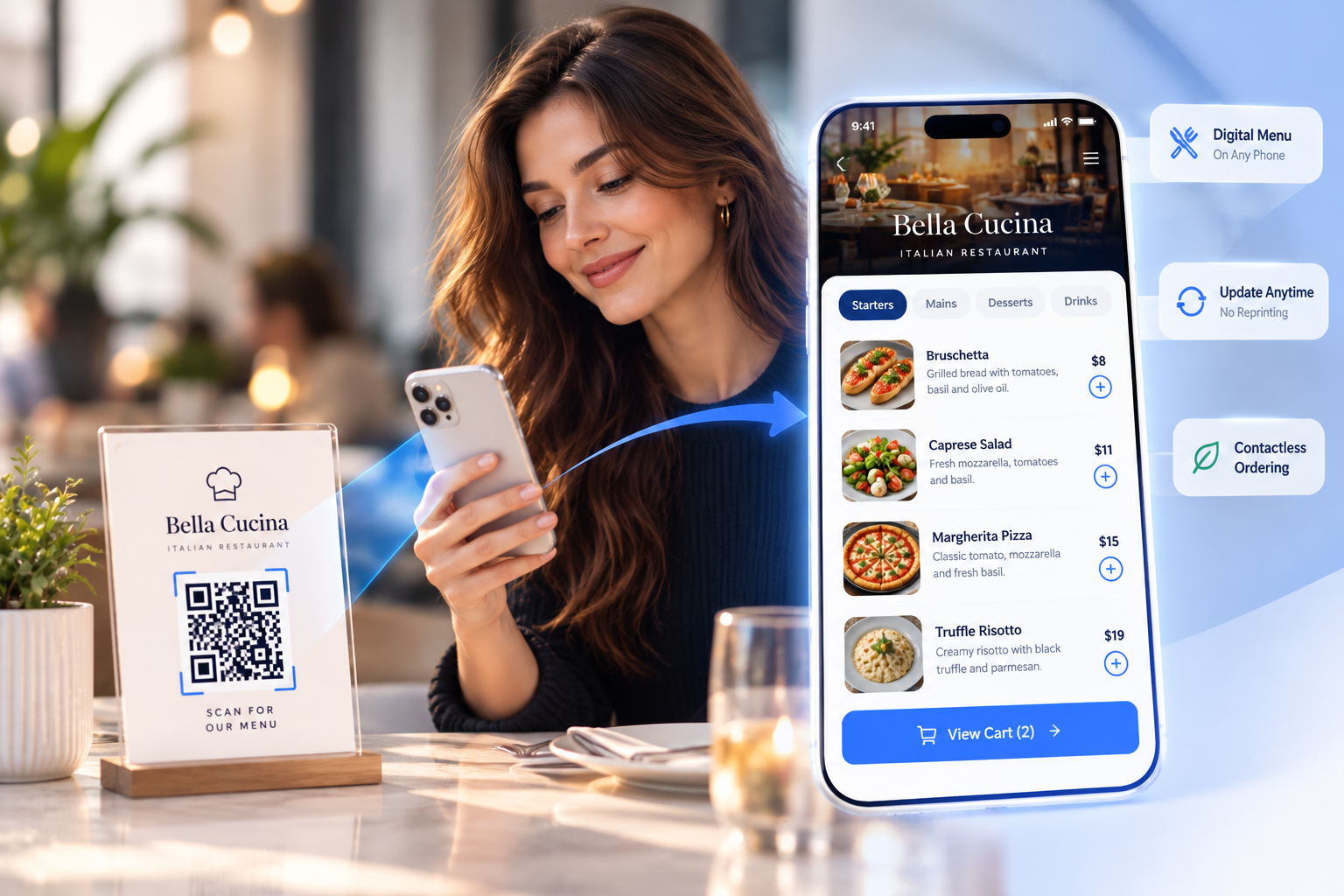 A diner scans the menu QR code on a table tent and the Bella Cucina digital menu opens on her phone with starters, prices and photos
