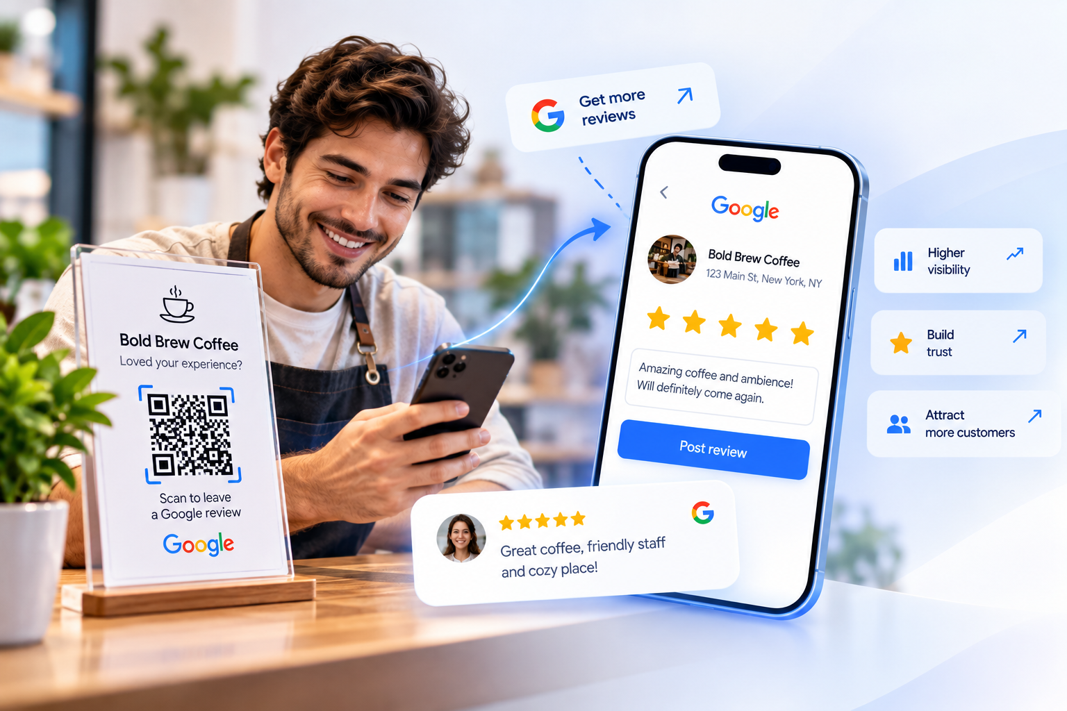 A customer scans the review QR code on a counter sign and the Bold Brew Coffee Google review page opens on his phone with a five-star rating and Post review button